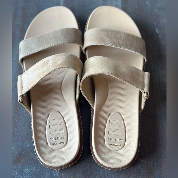 NEW Sperry plushwave leather slide sandals size 7.5 Beige Double Strap - Picture 5 of 5